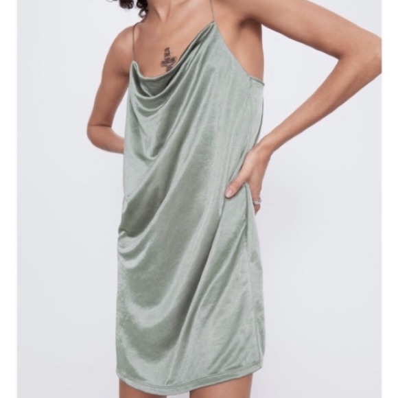 Zara New w/o Tags Satin Effect Strappy Sage Green Dress, Size Medium - Picture 3 of 6